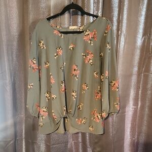Pink Republic Floral Blouse - Blueish Gray and Coral Pink Flowers